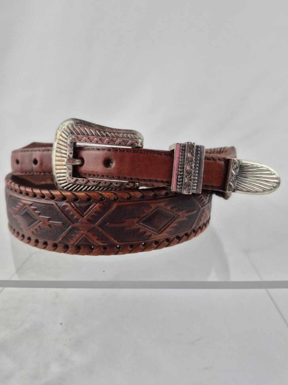 Tony Lama Embossed Leather Western Rugged Cowboy Belt Geometric Aztec Pattern 36